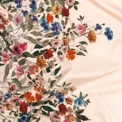 Stretch Cotton Sateen – Pink and Multicolor Floral Border – Adagio Print – Mood Exclusive Viso Collection Stretch Cotton Sateen – Pink and Multicolor Floral Border – Adagio Print – Mood Exclusive Viso Collection