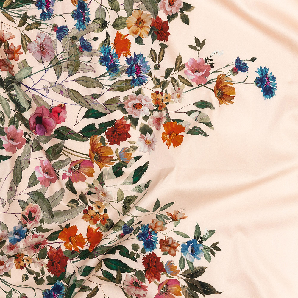 Stretch Cotton Sateen – Pink and Multicolor Floral Border – Adagio Print – Mood Exclusive Viso Collection Stretch Cotton Sateen – Pink and Multicolor Floral Border – Adagio Print – Mood Exclusive Viso Collection