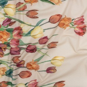 Cotton Voile – Pink, Red and Yellow Tulips Border – Camminata Print – Mood Exclusive Viso Collection Cotton Voile – Pink, Red and Yellow Tulips Border – Camminata Print – Mood Exclusive Viso Collection