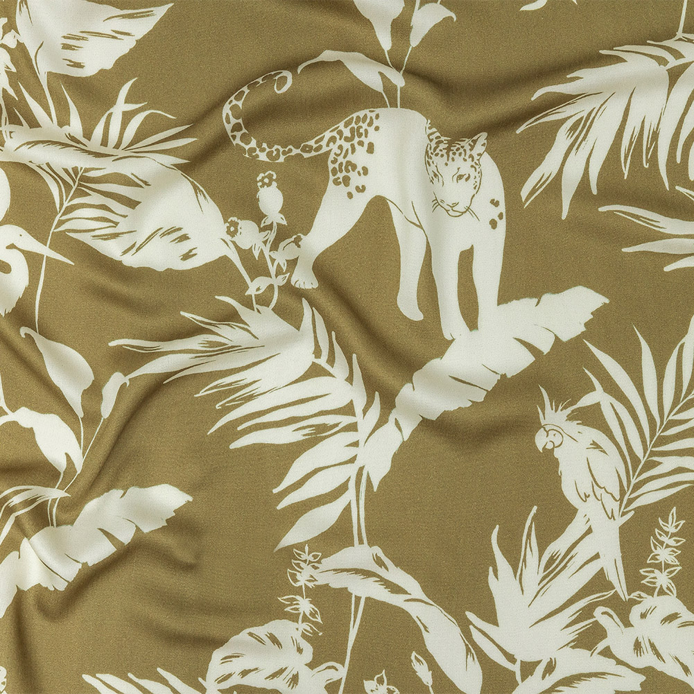 Rayon Challis – Olive Animals and Leaves – Understory Samba Print – Mood Exclusive Rio Collection Rayon Challis – Olive Animals and Leaves – Understory Samba Print – Mood Exclusive Rio Collection