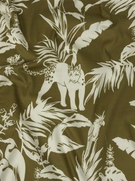 Stretch Cotton Sateen – Olive Animals and Leaves – Understory Samba Print – Mood Exclusive Rio Collection Stretch Cotton Sateen – Olive Animals and Leaves – Understory Samba Print – Mood Exclusive Rio Collection