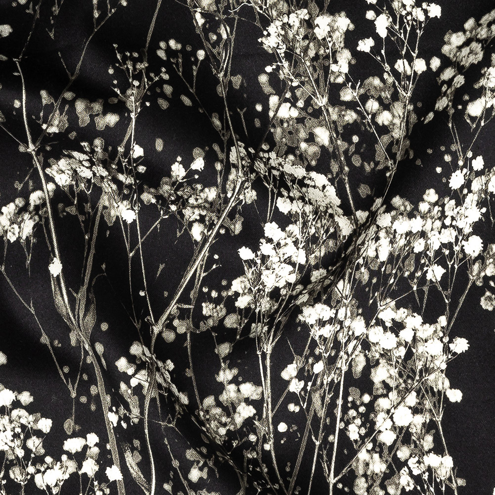 Stretch Cotton Sateen Panel – White and Black Flowering Branches – Ghost Light Growth Print – Mood Exclusive Twilight Collection Stretch Cotton Sateen Panel – White and Black Flowering Branches – Ghost Light Growth Print – Mood Exclusive Twilight Collection