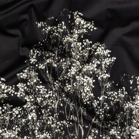 Stretch Cotton Sateen Panel – White and Black Flowering Branches – Ghost Light Growth Print – Mood Exclusive Twilight Collection Stretch Cotton Sateen Panel – White and Black Flowering Branches – Ghost Light Growth Print – Mood Exclusive Twilight Collection