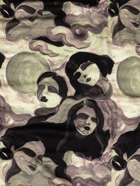 Rayon Challis – Purple and Green Painted Faces – Lost Lenore Print – Mood Exclusive Twilight Collection Rayon Challis – Purple and Green Painted Faces – Lost Lenore Print – Mood Exclusive Twilight Collection