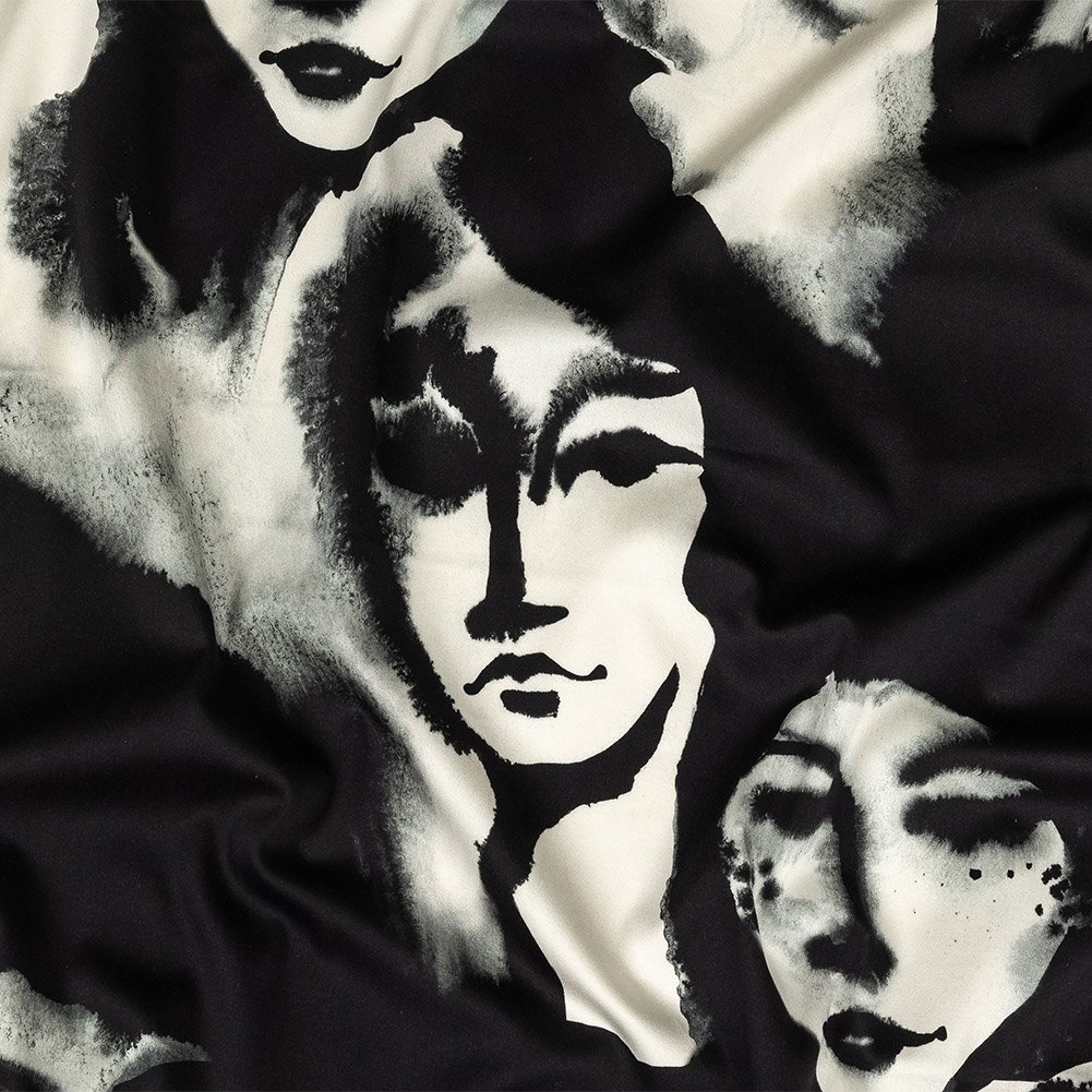 Stretch Cotton Sateen – Black and White Ghostly Faces – Unearthly Portrait Print – Mood Exclusive Twilight Collection Stretch Cotton Sateen – Black and White Ghostly Faces – Unearthly Portrait Print – Mood Exclusive Twilight Collection