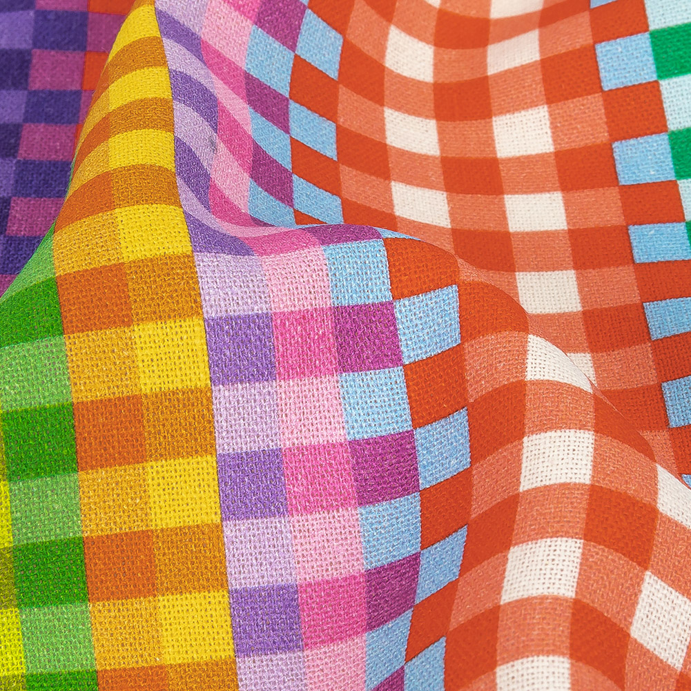 Linen and Rayon Woven - Rainbow Checkers - Picnic Patisserie Print - Mood Exclusive Sugar Collection