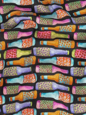 Linen and Rayon Woven – Rainbow Bottles on Black – Pop Bottle Parade Print – Mood Exclusive Sugar Collection Linen and Rayon Woven – Rainbow Bottles on Black – Pop Bottle Parade Print – Mood Exclusive Sugar Collection