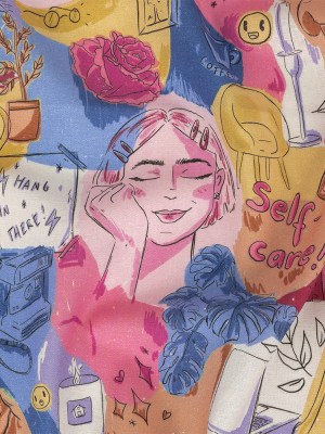 Linen and Rayon Woven – Rainbow Self Care Illustrations – Eating Bon Bons Print – Mood Exclusive Sugar Collection Linen and Rayon Woven – Rainbow Self Care Illustrations – Eating Bon Bons Print – Mood Exclusive Sugar Collection