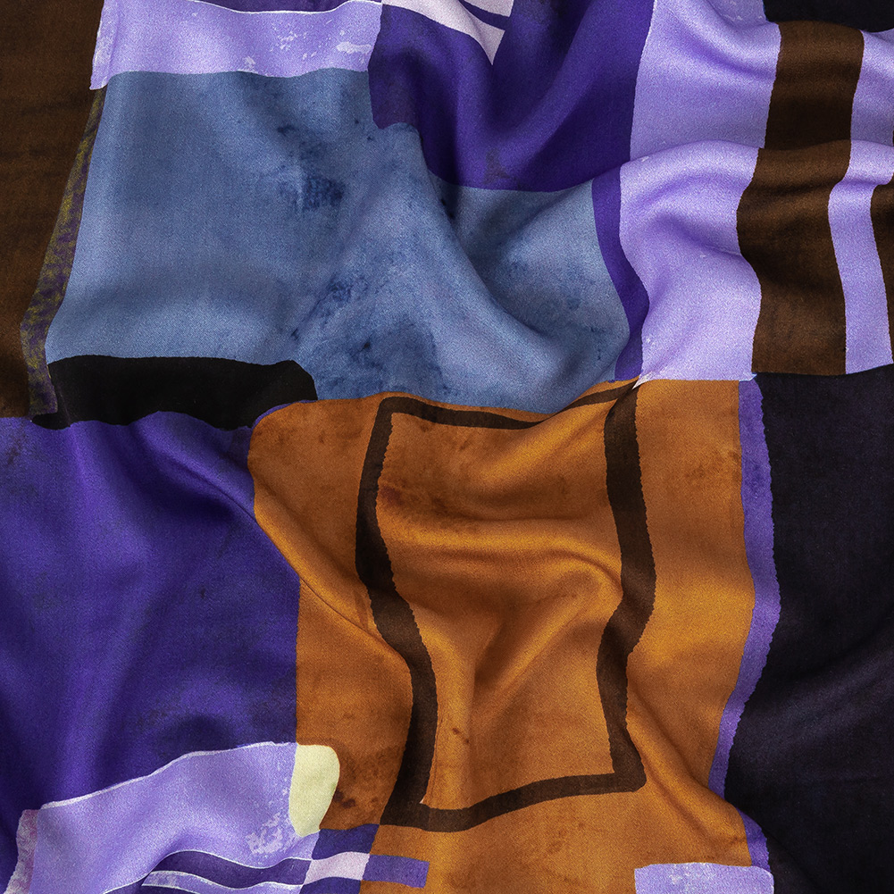 Rayon Challis Panel – Purple and Brown Painterly Geometric – Around the Block Print – Mood Exclusive Wisteria Collection Rayon Challis Panel – Purple and Brown Painterly Geometric – Around the Block Print – Mood Exclusive Wisteria Collection