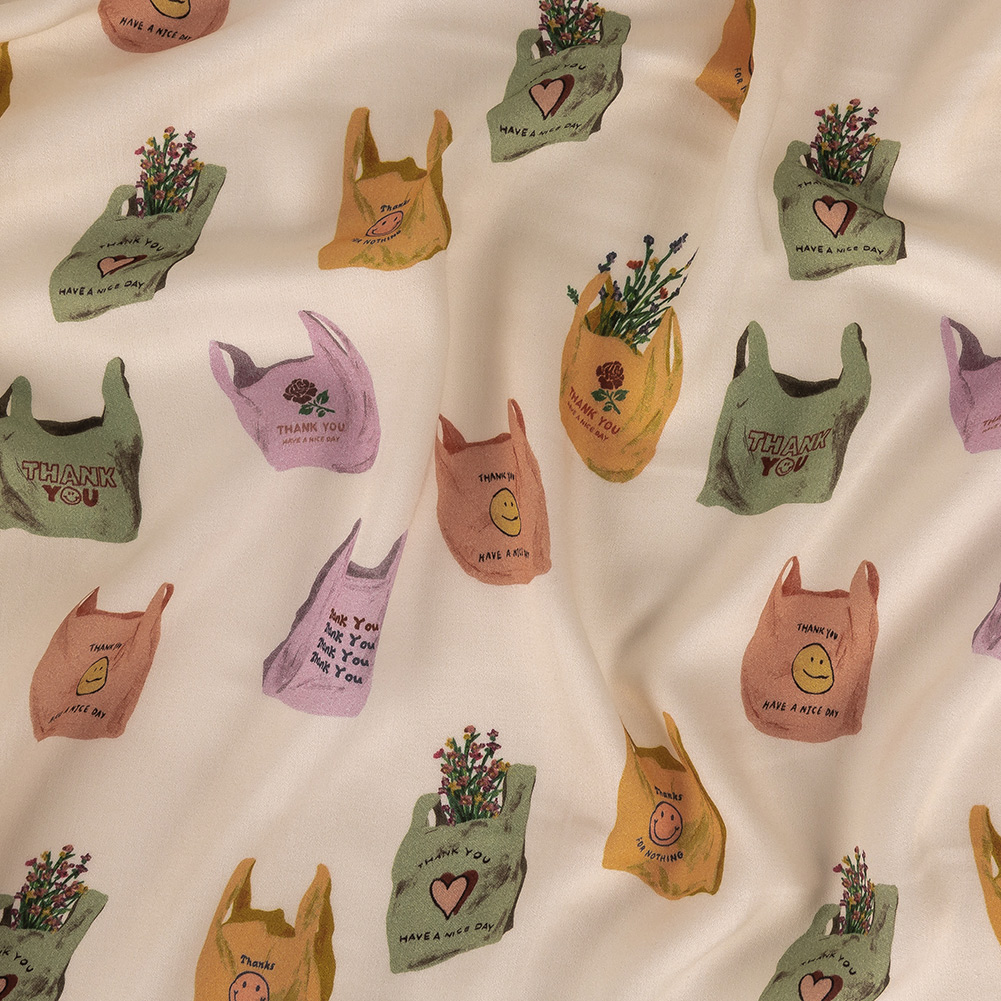 Rayon Challis – Purple, Yellow and Green Shopping Bags – Come Again Soon Print – Mood Exclusive Wisteria Collection Rayon Challis – Purple, Yellow and Green Shopping Bags – Come Again Soon Print – Mood Exclusive Wisteria Collection