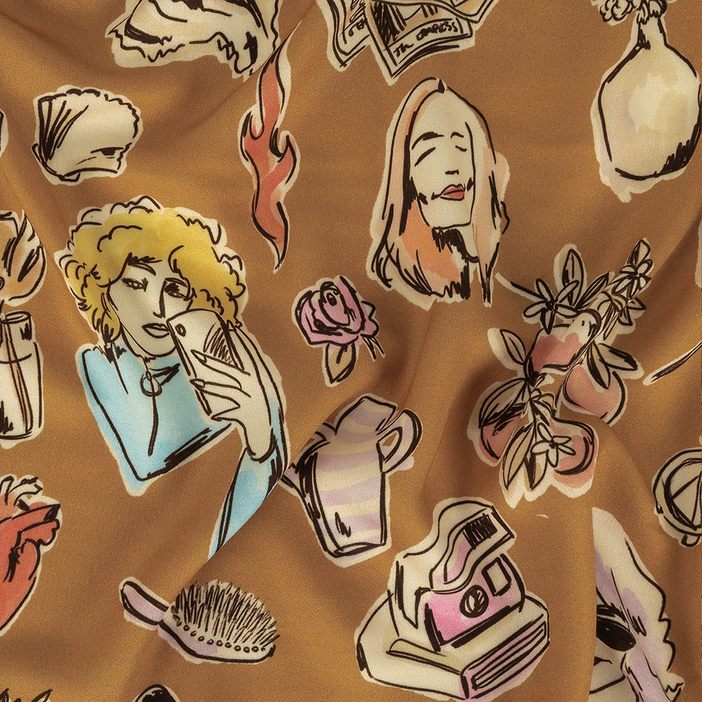 Rayon Challis – Golden Faces and Objects – Everyday Goddess Print – Mood Exclusive Wisteria Collection Rayon Challis – Golden Faces and Objects – Everyday Goddess Print – Mood Exclusive Wisteria Collection