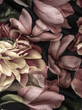 Rayon Challis – Black and Plum Floral – Vision of Romance Print – Mood Exclusive Wisteria Collection Rayon Challis – Black and Plum Floral – Vision of Romance Print – Mood Exclusive Wisteria Collection