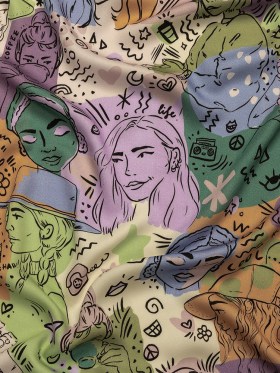 Rayon Challis – Purple and Green Figures and Doodles – Serene Souls Print – Mood Exclusive Wisteria Collection Rayon Challis – Purple and Green Figures and Doodles – Serene Souls Print – Mood Exclusive Wisteria Collection
