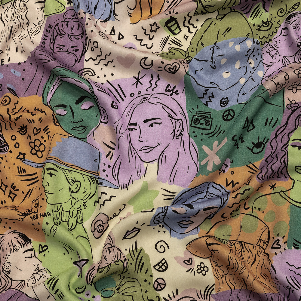 Rayon Challis – Purple and Green Figures and Doodles – Serene Souls Print – Mood Exclusive Wisteria Collection Rayon Challis – Purple and Green Figures and Doodles – Serene Souls Print – Mood Exclusive Wisteria Collection