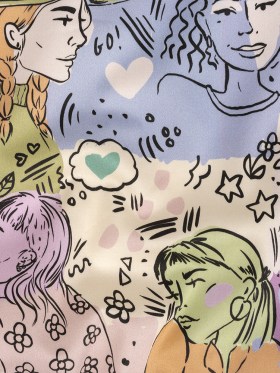 Stretch Cotton Sateen – Purple and Green Figures and Doodles – Serene Souls Print – Mood Exclusive Wisteria Collection Stretch Cotton Sateen – Purple and Green Figures and Doodles – Serene Souls Print – Mood Exclusive Wisteria Collection