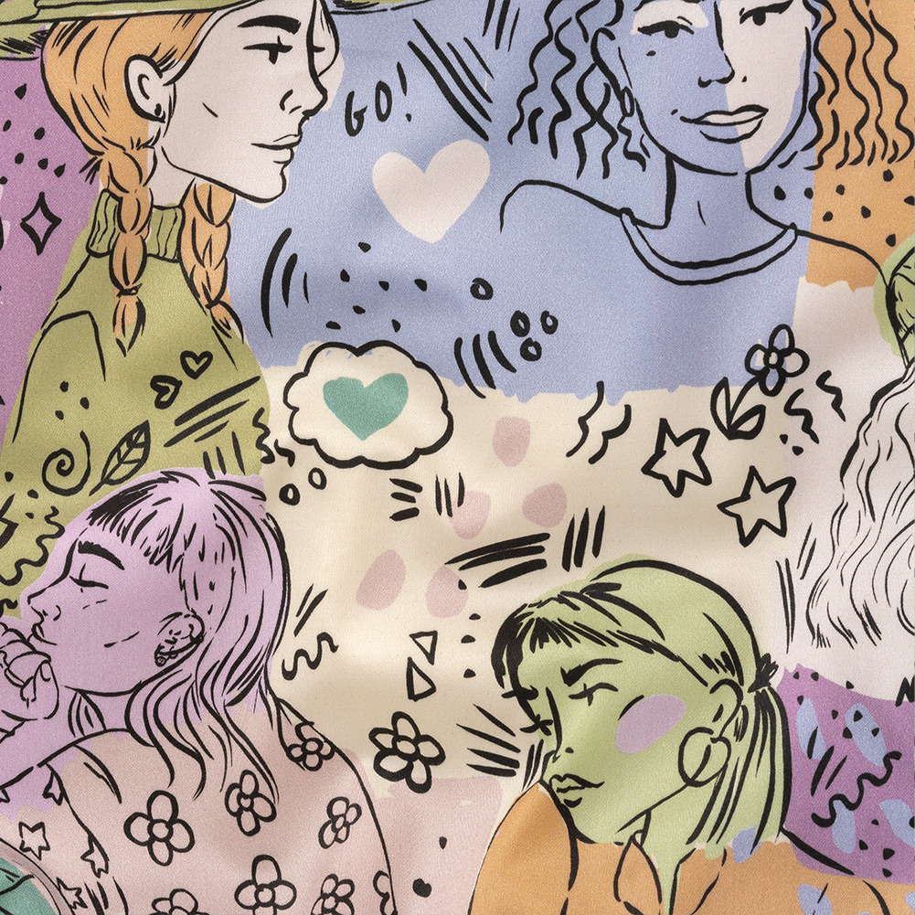 Stretch Cotton Sateen – Purple and Green Figures and Doodles – Serene Souls Print – Mood Exclusive Wisteria Collection Stretch Cotton Sateen – Purple and Green Figures and Doodles – Serene Souls Print – Mood Exclusive Wisteria Collection