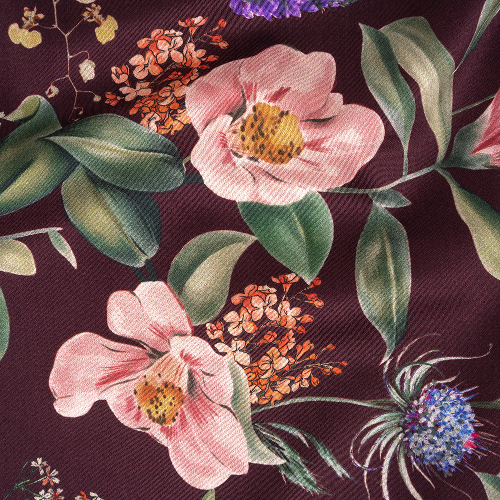 Stretch Cotton Sateen – Deep Purple Floral – Baroque Bouquet Print – Mood Exclusive Wisteria Collection Stretch Cotton Sateen – Deep Purple Floral – Baroque Bouquet Print – Mood Exclusive Wisteria Collection