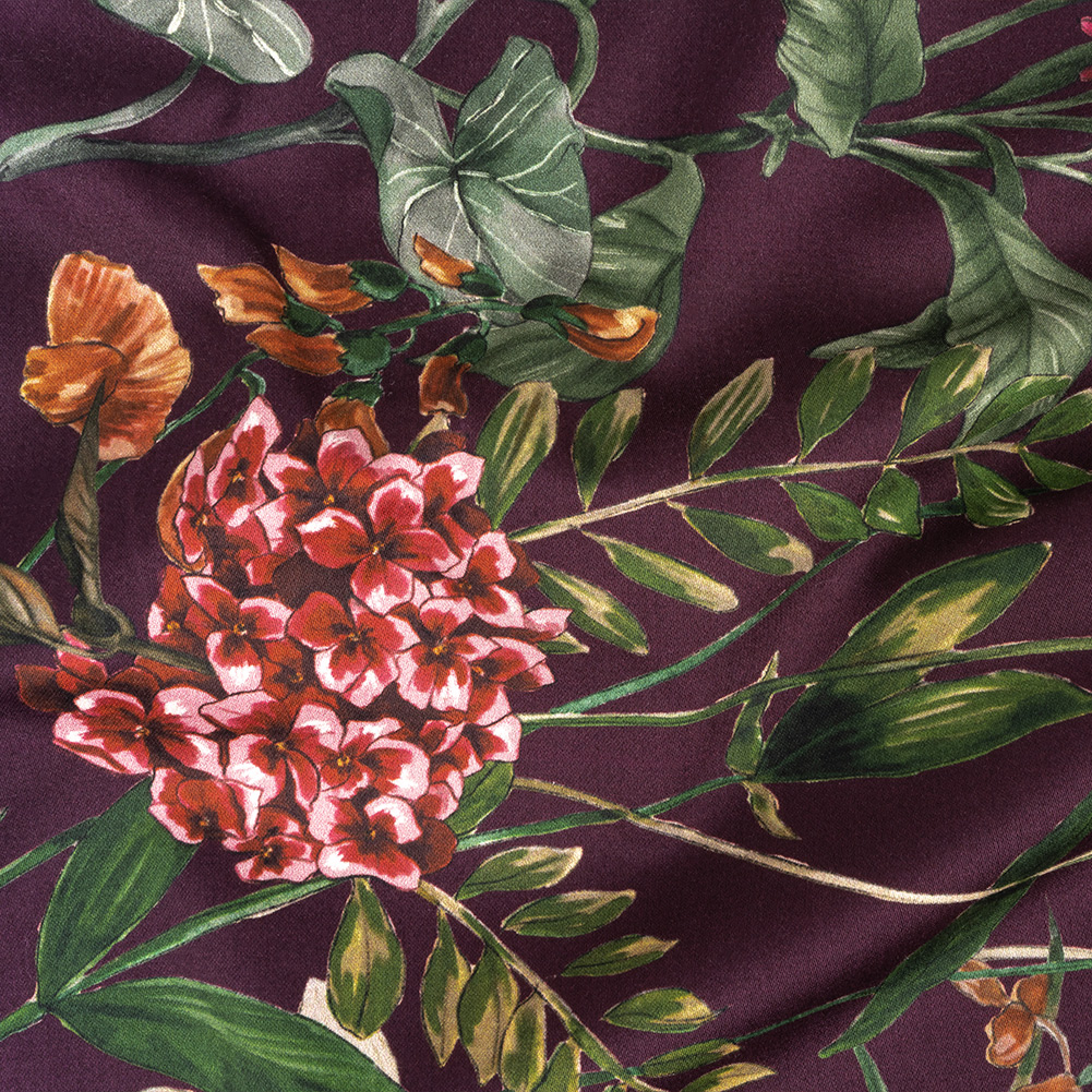 Stretch Cotton Sateen – Dark Purple Floral – Wild Fantasia Print – Mood Exclusive Wisteria Collection Stretch Cotton Sateen – Dark Purple Floral – Wild Fantasia Print – Mood Exclusive Wisteria Collection