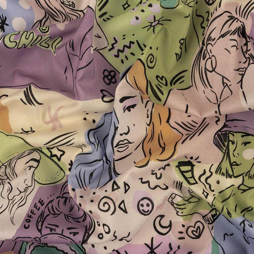 Cotton Voile – Purple and Green Figures and Doodles – Serene Souls Print – Mood Exclusive Wisteria Collection Cotton Voile – Purple and Green Figures and Doodles – Serene Souls Print – Mood Exclusive Wisteria Collection