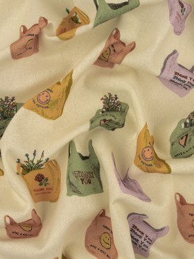 Linen and Rayon Woven – Purple, Yellow and Green Shopping Bags – Come Again Soon Print – Mood Exclusive Wisteria Collection Linen and Rayon Woven – Purple, Yellow and Green Shopping Bags – Come Again Soon Print – Mood Exclusive Wisteria Collection