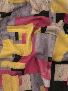 Linen and Rayon Woven – Purple, Pink and Yellow Painterly Geometric – Theory of Abstraction Print – Mood Exclusive Wisteria Collection Linen and Rayon Woven – Purple, Pink and Yellow Painterly Geometric – Theory of Abstraction Print – Mood Exclusive Wisteria Collection