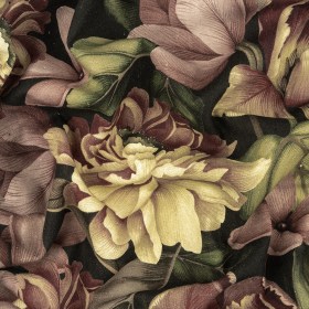 Linen and Rayon Woven – Black and Plum Floral – Vision of Romance Print – Mood Exclusive Wisteria Collection Linen and Rayon Woven – Black and Plum Floral – Vision of Romance Print – Mood Exclusive Wisteria Collection
