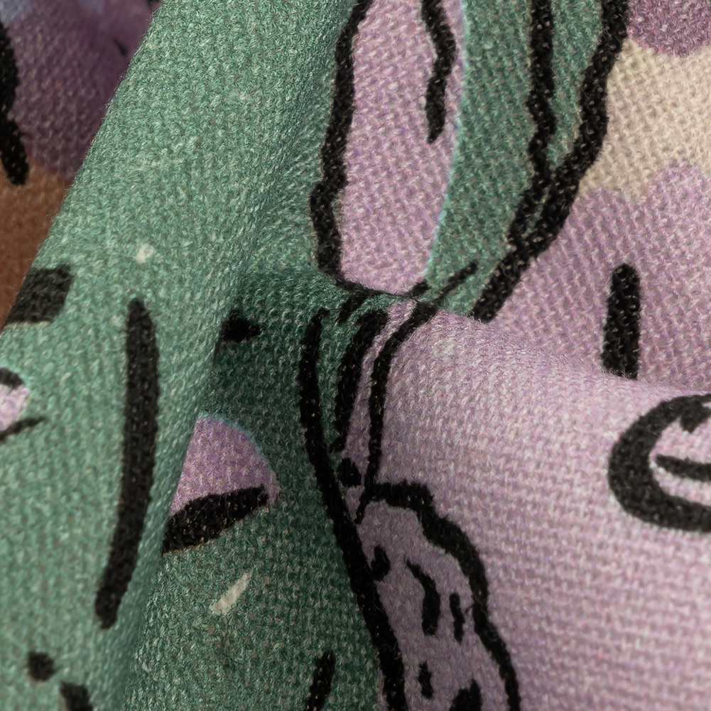 Linen and Rayon Woven - Purple and Green Figures and Doodles - Serene Souls Print - Mood Exclusive Wisteria Collection