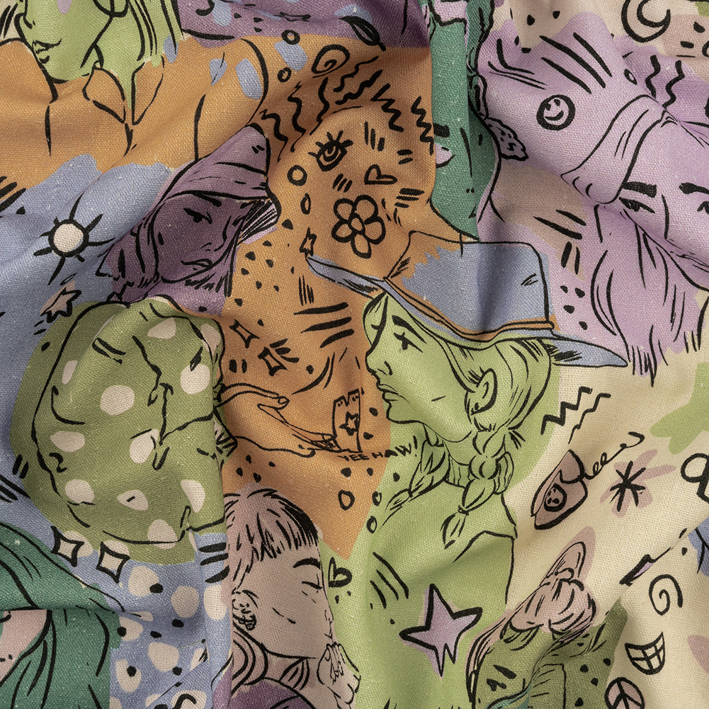 Linen and Rayon Woven – Purple and Green Figures and Doodles – Serene Souls Print – Mood Exclusive Wisteria Collection Linen and Rayon Woven – Purple and Green Figures and Doodles – Serene Souls Print – Mood Exclusive Wisteria Collection