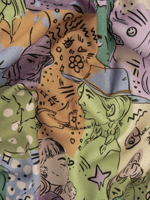 Linen and Rayon Woven – Purple and Green Figures and Doodles – Serene Souls Print – Mood Exclusive Wisteria Collection Linen and Rayon Woven – Purple and Green Figures and Doodles – Serene Souls Print – Mood Exclusive Wisteria Collection