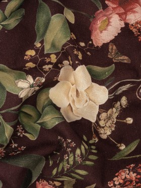 Linen and Rayon Woven – Deep Purple Floral – Baroque Bouquet Print – Mood Exclusive Wisteria Collection Linen and Rayon Woven – Deep Purple Floral – Baroque Bouquet Print – Mood Exclusive Wisteria Collection