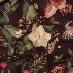 Linen and Rayon Woven – Deep Purple Floral – Baroque Bouquet Print – Mood Exclusive Wisteria Collection Linen and Rayon Woven – Deep Purple Floral – Baroque Bouquet Print – Mood Exclusive Wisteria Collection