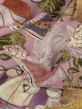 Linen and Rayon Woven – Lavender Clothes and Plants – Morning Memory Print – Mood Exclusive Wisteria Collection Linen and Rayon Woven – Lavender Clothes and Plants – Morning Memory Print – Mood Exclusive Wisteria Collection