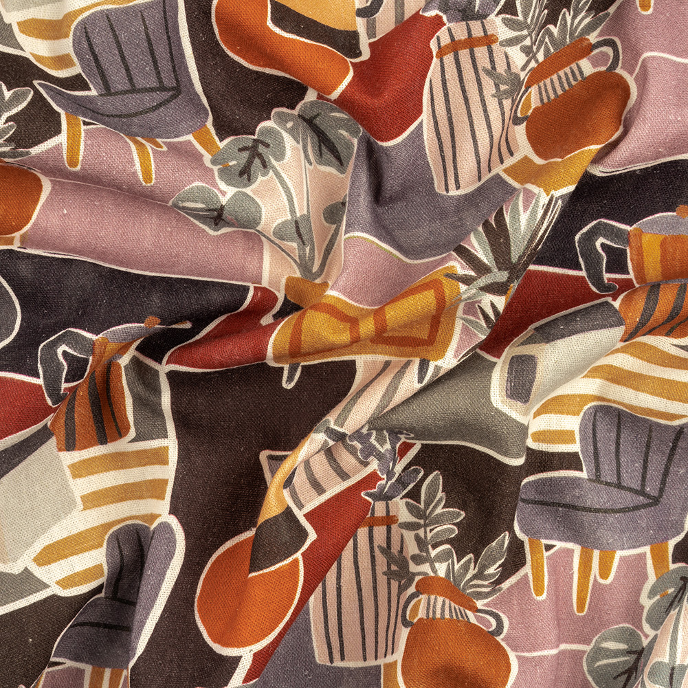 Linen and Rayon Woven – Purple and Orange Plants and Furniture – Peaceful Waking Print – Mood Exclusive Wisteria Collection Linen and Rayon Woven – Purple and Orange Plants and Furniture – Peaceful Waking Print – Mood Exclusive Wisteria Collection