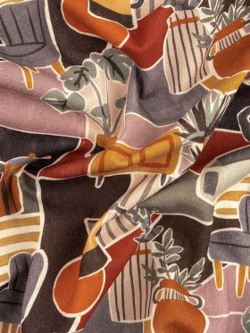 Linen and Rayon Woven – Purple and Orange Plants and Furniture – Peaceful Waking Print – Mood Exclusive Wisteria Collection Linen and Rayon Woven – Purple and Orange Plants and Furniture – Peaceful Waking Print – Mood Exclusive Wisteria Collection