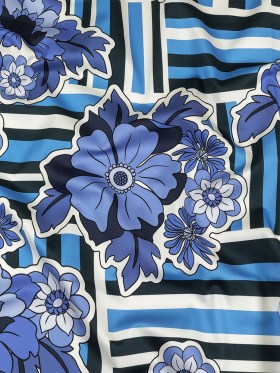 Stretch Cotton Sateen – Flowers and Stripes – Stuck on Blue Print – Mood Exclusive Indigo Collection Stretch Cotton Sateen – Flowers and Stripes – Stuck on Blue Print – Mood Exclusive Indigo Collection