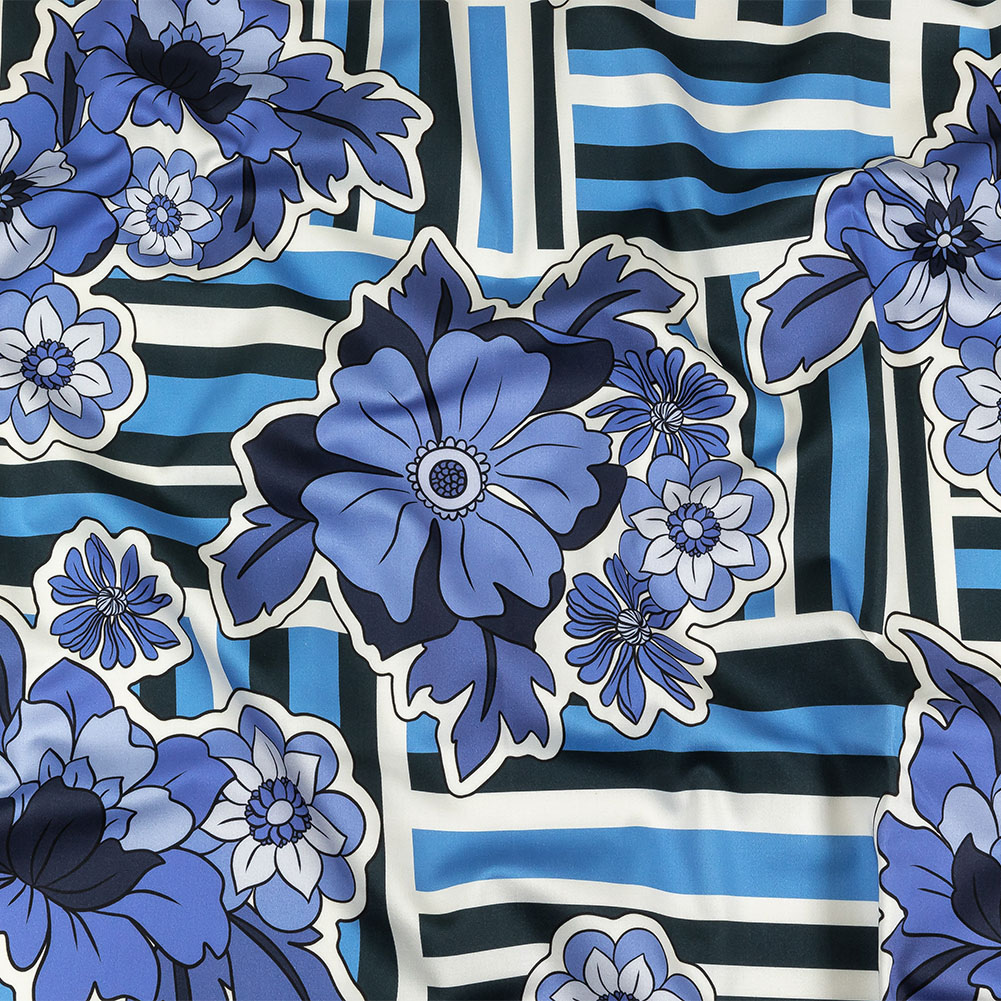 Stretch Cotton Sateen – Flowers and Stripes – Stuck on Blue Print – Mood Exclusive Indigo Collection Stretch Cotton Sateen – Flowers and Stripes – Stuck on Blue Print – Mood Exclusive Indigo Collection