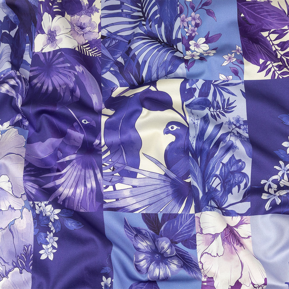 Stretch Cotton Sateen – Purple Floral Patchwork – Periwinkle Patch Print – Mood Exclusive Indigo Collection Stretch Cotton Sateen – Purple Floral Patchwork – Periwinkle Patch Print – Mood Exclusive Indigo Collection