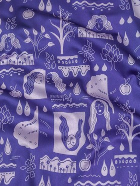 Stretch Cotton Sateen – Purple Illustrative Symbols – Indigo For It Print – Mood Exclusive Indigo Collection Stretch Cotton Sateen – Purple Illustrative Symbols – Indigo For It Print – Mood Exclusive Indigo Collection