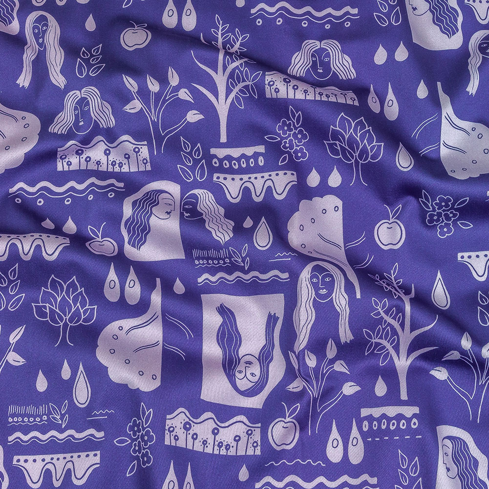 Stretch Cotton Sateen – Purple Illustrative Symbols – Indigo For It Print – Mood Exclusive Indigo Collection Stretch Cotton Sateen – Purple Illustrative Symbols – Indigo For It Print – Mood Exclusive Indigo Collection
