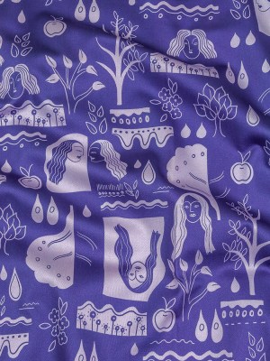 Stretch Cotton Sateen – Purple Illustrative Symbols – Indigo For It Print – Mood Exclusive Indigo Collection Stretch Cotton Sateen – Purple Illustrative Symbols – Indigo For It Print – Mood Exclusive Indigo Collection