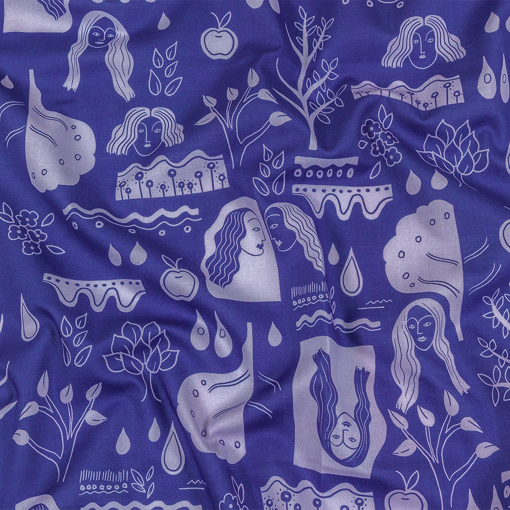 Cotton Voile – Purple Illustrative Symbols – Indigo For It Print – Mood Exclusive Indigo Collection Cotton Voile – Purple Illustrative Symbols – Indigo For It Print – Mood Exclusive Indigo Collection