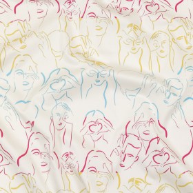 Stretch Cotton Sateen – Blue, Yellow and Pink Faces and Hands – Language of Love Print – Mood Exclusive Pride Collection Stretch Cotton Sateen – Blue, Yellow and Pink Faces and Hands – Language of Love Print – Mood Exclusive Pride Collection
