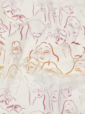 Linen and Rayon Woven – Pink, White and Orange Faces and Hands – Language of Love Print – Mood Exclusive Pride Collection Linen and Rayon Woven – Pink, White and Orange Faces and Hands – Language of Love Print – Mood Exclusive Pride Collection