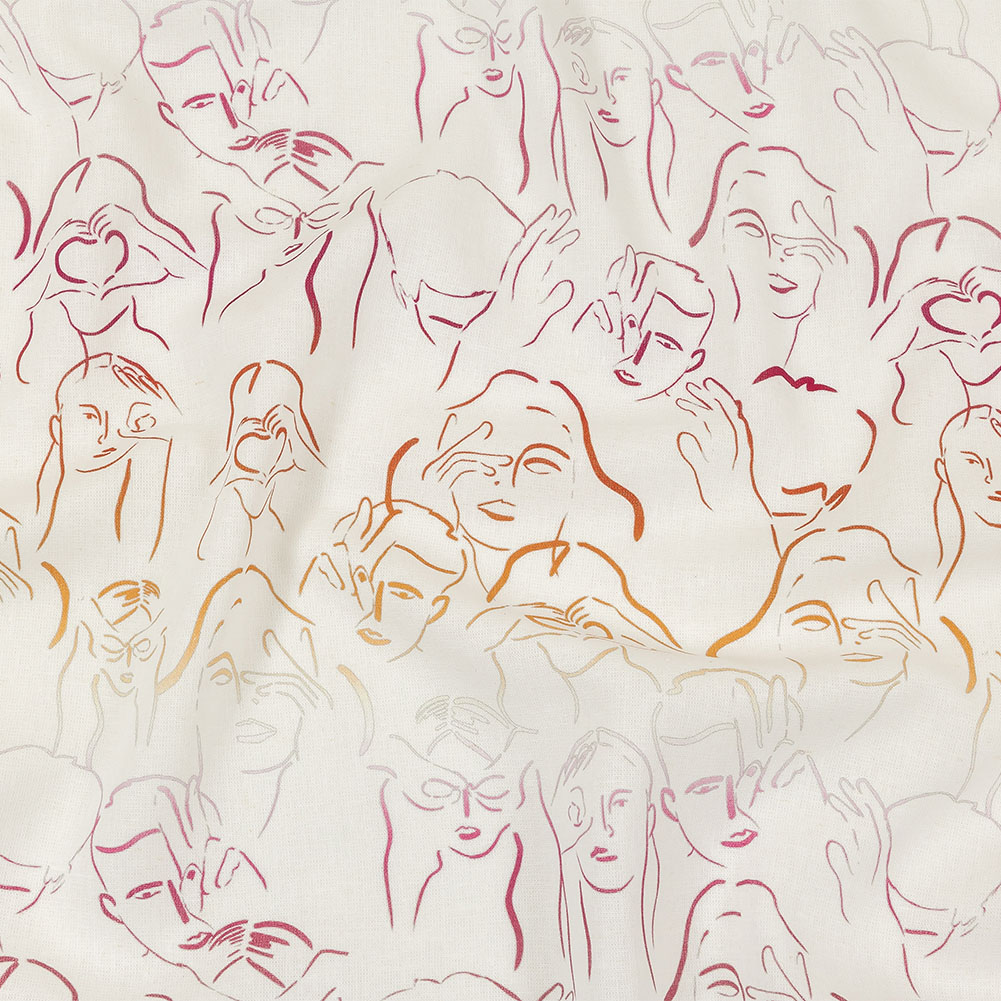 Linen and Rayon Woven – Pink, White and Orange Faces and Hands – Language of Love Print – Mood Exclusive Pride Collection Linen and Rayon Woven – Pink, White and Orange Faces and Hands – Language of Love Print – Mood Exclusive Pride Collection