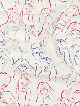 Linen and Rayon Woven – Purple, Pink and Blue Faces and Hands – Language of Love Print – Mood Exclusive Pride Collection Linen and Rayon Woven – Purple, Pink and Blue Faces and Hands – Language of Love Print – Mood Exclusive Pride Collection