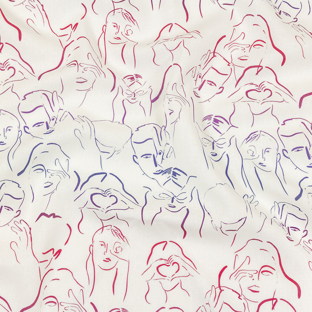 Linen and Rayon Woven – Purple, Pink and Blue Faces and Hands – Language of Love Print – Mood Exclusive Pride Collection Linen and Rayon Woven – Purple, Pink and Blue Faces and Hands – Language of Love Print – Mood Exclusive Pride Collection