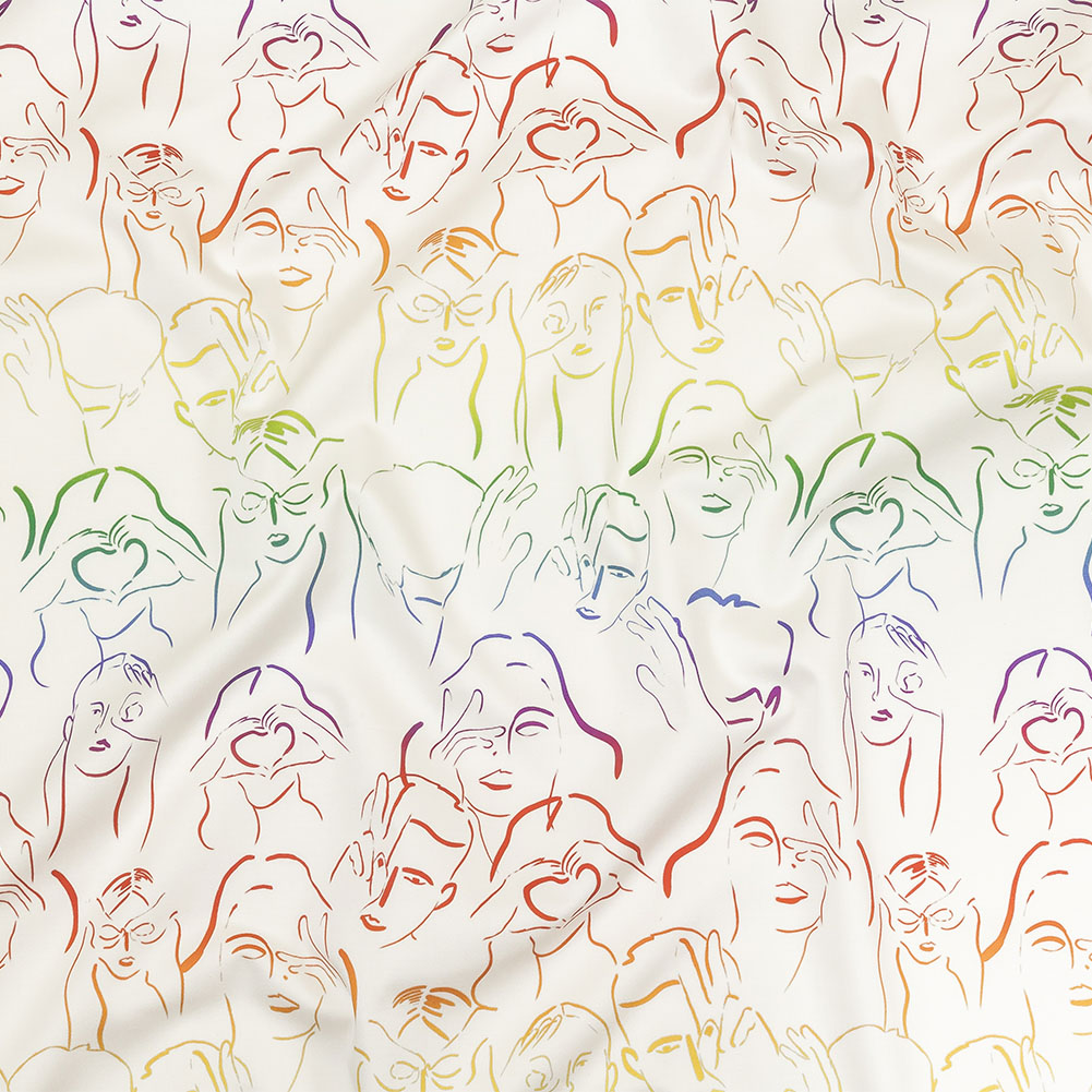 Stretch Cotton Sateen – Rainbow Faces and Hands – Language of Love Print – Mood Exclusive Pride Collection Stretch Cotton Sateen – Rainbow Faces and Hands – Language of Love Print – Mood Exclusive Pride Collection