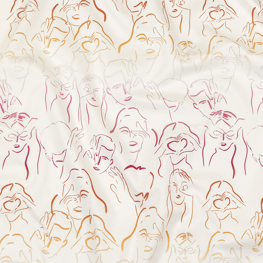 Stretch Cotton Sateen – Pink, White and Orange Faces and Hands – Language of Love Print – Mood Exclusive Pride Collection Stretch Cotton Sateen – Pink, White and Orange Faces and Hands – Language of Love Print – Mood Exclusive Pride Collection