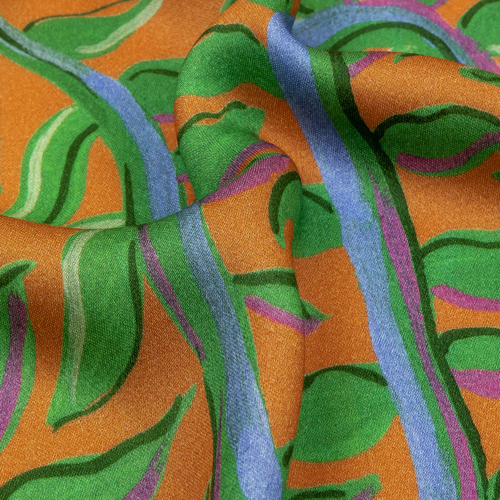 Rayon Challis – Orange and Green Foliage – Looking Vine Print – Mood Exclusive Citrus Collection Rayon Challis – Orange and Green Foliage – Looking Vine Print – Mood Exclusive Citrus Collection