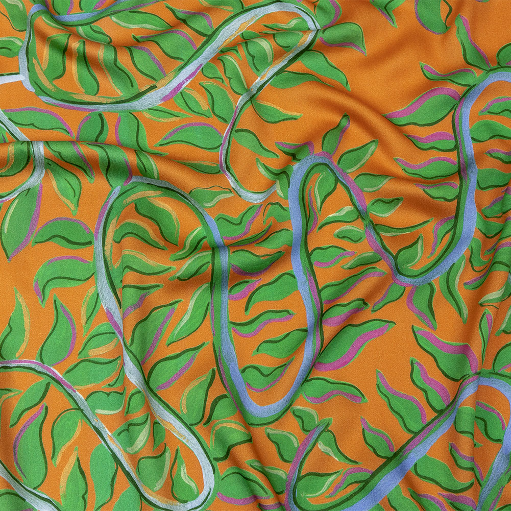 Rayon Challis – Orange and Green Foliage – Looking Vine Print – Mood Exclusive Citrus Collection Rayon Challis – Orange and Green Foliage – Looking Vine Print – Mood Exclusive Citrus Collection